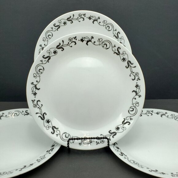 Corelle Garden Getaway Dinner Plates White Plates Black Floral Vines - Picture 1 of 5